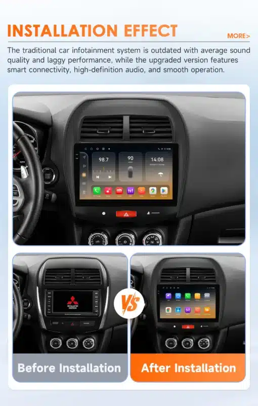 Kuvas väga Mitsubishi ASX auto armatuurlauda. Pildil on nähtav Android autoraadio, millel on CarPlay funktsionaalsus, GPS ja 4G tugi. Ülemisel osal kuvatakse paigaldatud süsteemi ekraan, allpool võrreldakse vana ja uut ekraani kõrvuti.