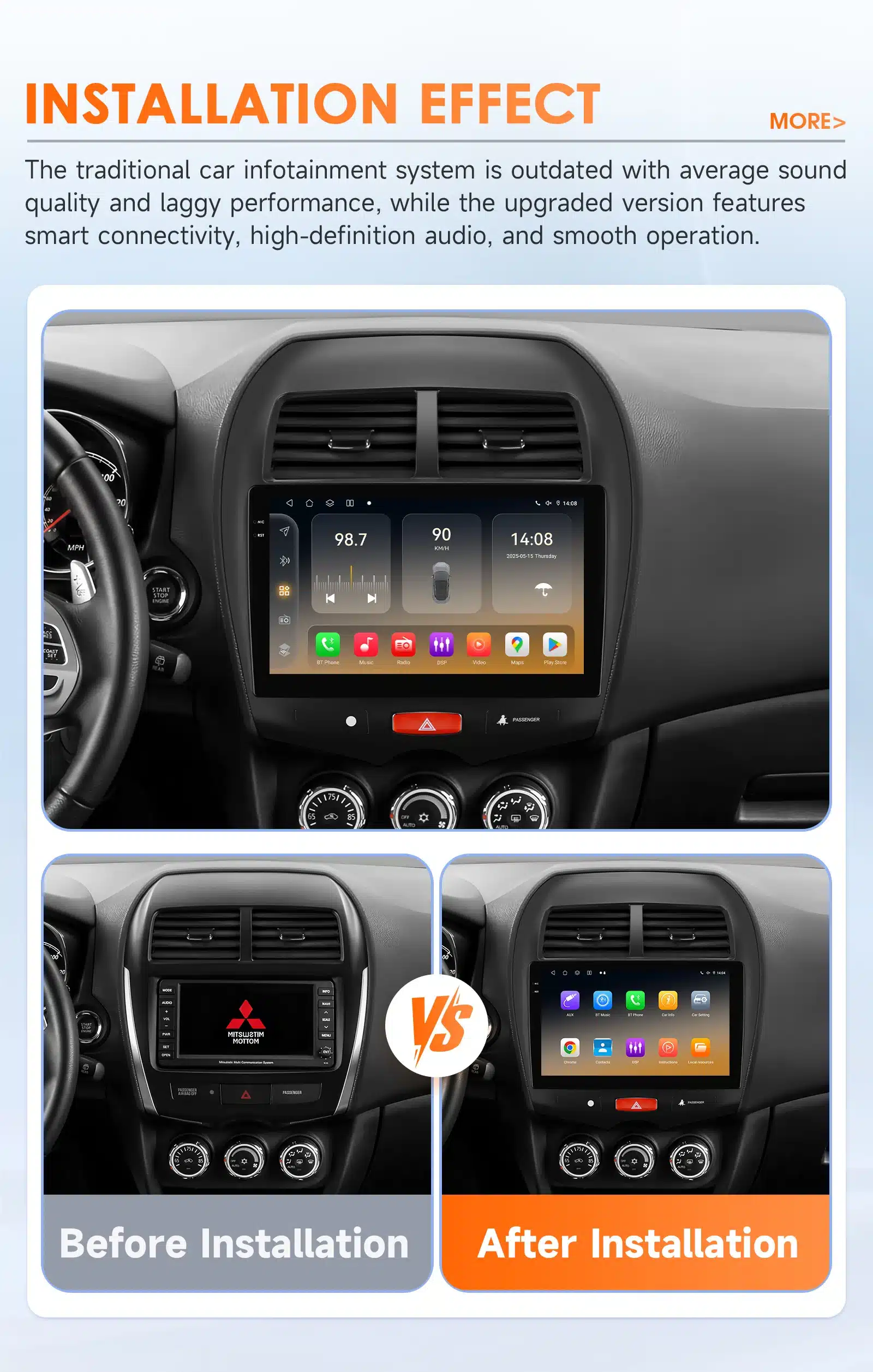 Kuvas väga Mitsubishi ASX auto armatuurlauda. Pildil on nähtav Android autoraadio, millel on CarPlay funktsionaalsus, GPS ja 4G tugi. Ülemisel osal kuvatakse paigaldatud süsteemi ekraan, allpool võrreldakse vana ja uut ekraani kõrvuti.