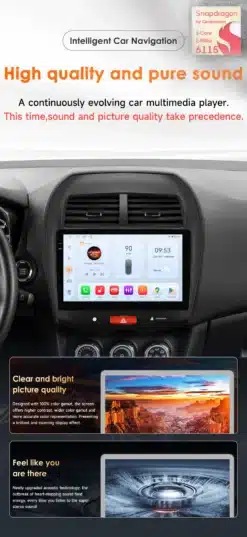 Android autoraadio Mitsubishi ASX paigaldatuna, mille ekraanilt on näha CarPlay, GPS ja 4G funktsioonide ikoonid ning digitaalne kiiruse näit, hall armatuurlaud ja kaasaja tehnoloogilised omadused nähtaval.