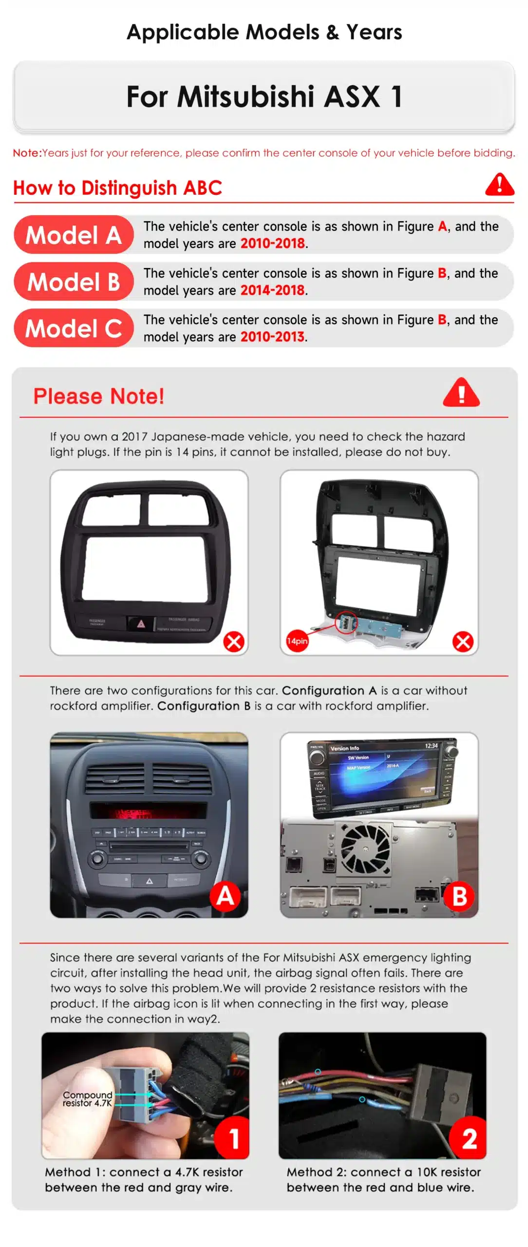 Diagram showing the compatibility of the Android autoraadio Mitsubishi ASX: CarPlay, GPS, 4G, 2DIN with various Mitsubishi ASX models from 2010-2018, detailing center console configurations and installation instructions.