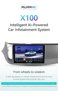 Android Auto CarPlay autoraadio Alfa Romeo Giulietta-le, mis näitab ekraani peale installitud rakendust autode ja linnapanoraamiga. Raadio on paigaldatud auto armatuurlauale halli ja musta värvi plastikkorpuses.