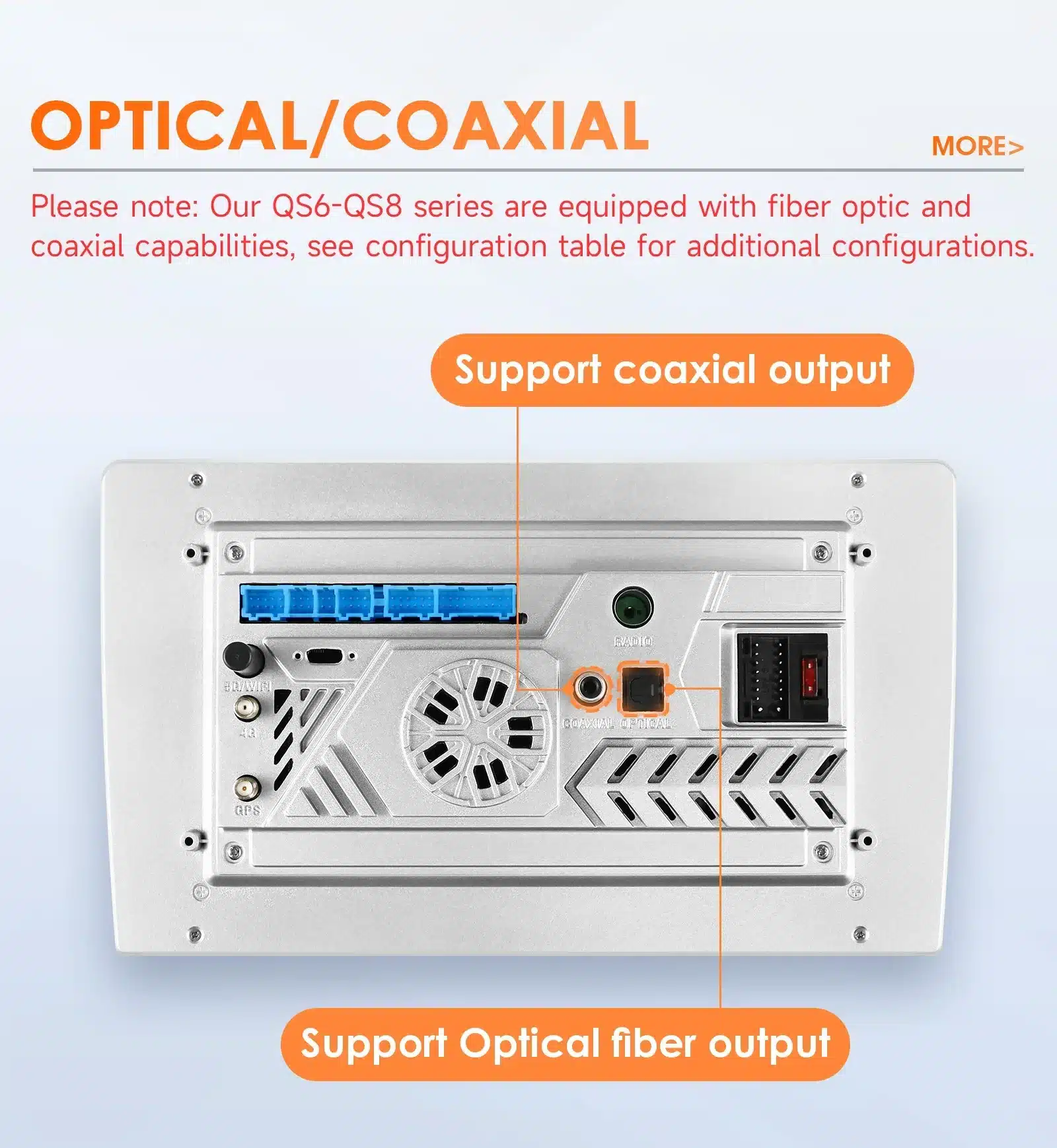 Android autoraadio Mitsubishi ASX tagumine paneel näitab optilise ja koaksiaalse väljundi tugifunktsioone kaasaegses hõbedases disainis.