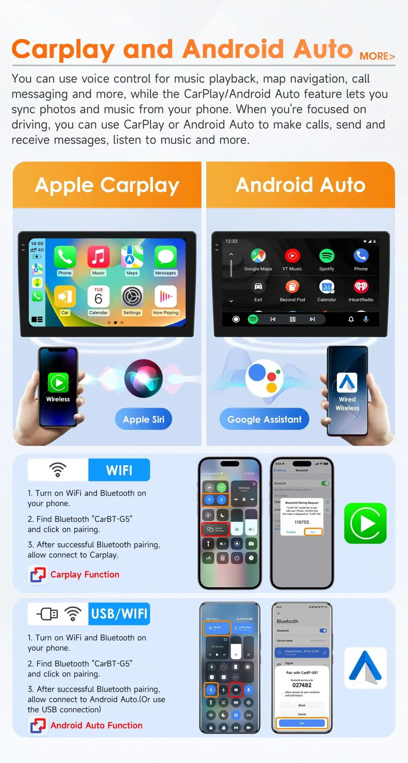 Pildil kuvatakse Android autoraadio Mitsubishi ASX: CarPlay, GPS, 4G, 2DIN funktsioonid, rõhutades Apple CarPlay ja Android Auto ühenduse võimalusi, samuti WiFi ja USB-connectivity illustratsioonid koos detailsete seadistamise juhenditega.