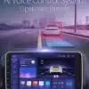 Digitaalne kuva 1-DIN Android autoraadiost koos 10.1 tollise puutetundliku ekraaniga, mis näitab autoga seotud rakendusi ja muusikavalikuid. Ekraanil on näha ka tehisintellekti hääljuhtimissüsteemi reklaam, mille taustal on linnamaastik ja sõidutee.