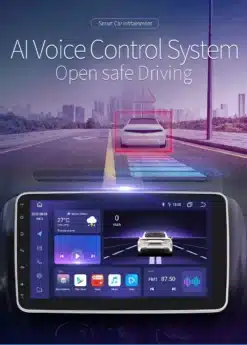 Digitaalne kuva 1-DIN Android autoraadiost koos 10.1 tollise puutetundliku ekraaniga, mis näitab autoga seotud rakendusi ja muusikavalikuid. Ekraanil on näha ka tehisintellekti hääljuhtimissüsteemi reklaam, mille taustal on linnamaastik ja sõidutee.
