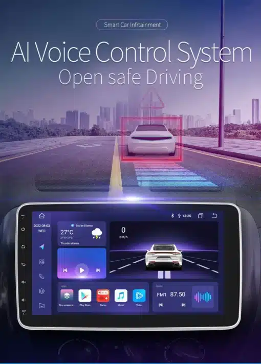 Digitaalne kuva 1-DIN Android autoraadiost koos 10.1 tollise puutetundliku ekraaniga, mis näitab autoga seotud rakendusi ja muusikavalikuid. Ekraanil on näha ka tehisintellekti hääljuhtimissüsteemi reklaam, mille taustal on linnamaastik ja sõidutee.