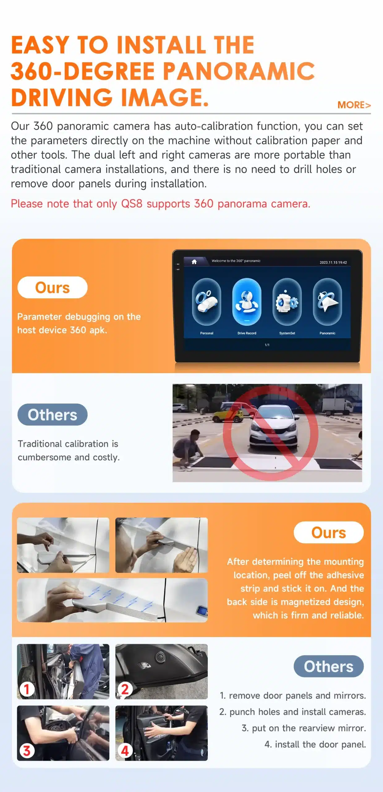 Mitmesugused paigaldamise ja kalibreerimise etapid autoradioni jaoks. Kaks kaamerat ja paigaldusjuhised võrreldes traditsioonilise meetoditega. Sisaldab diagramme ja teksti, mis kirjeldavad Android autoraadio Mitsubishi ASX: CarPlay, GPS, 4G, 2DIN süsteemi paigaldamise lihtsust.