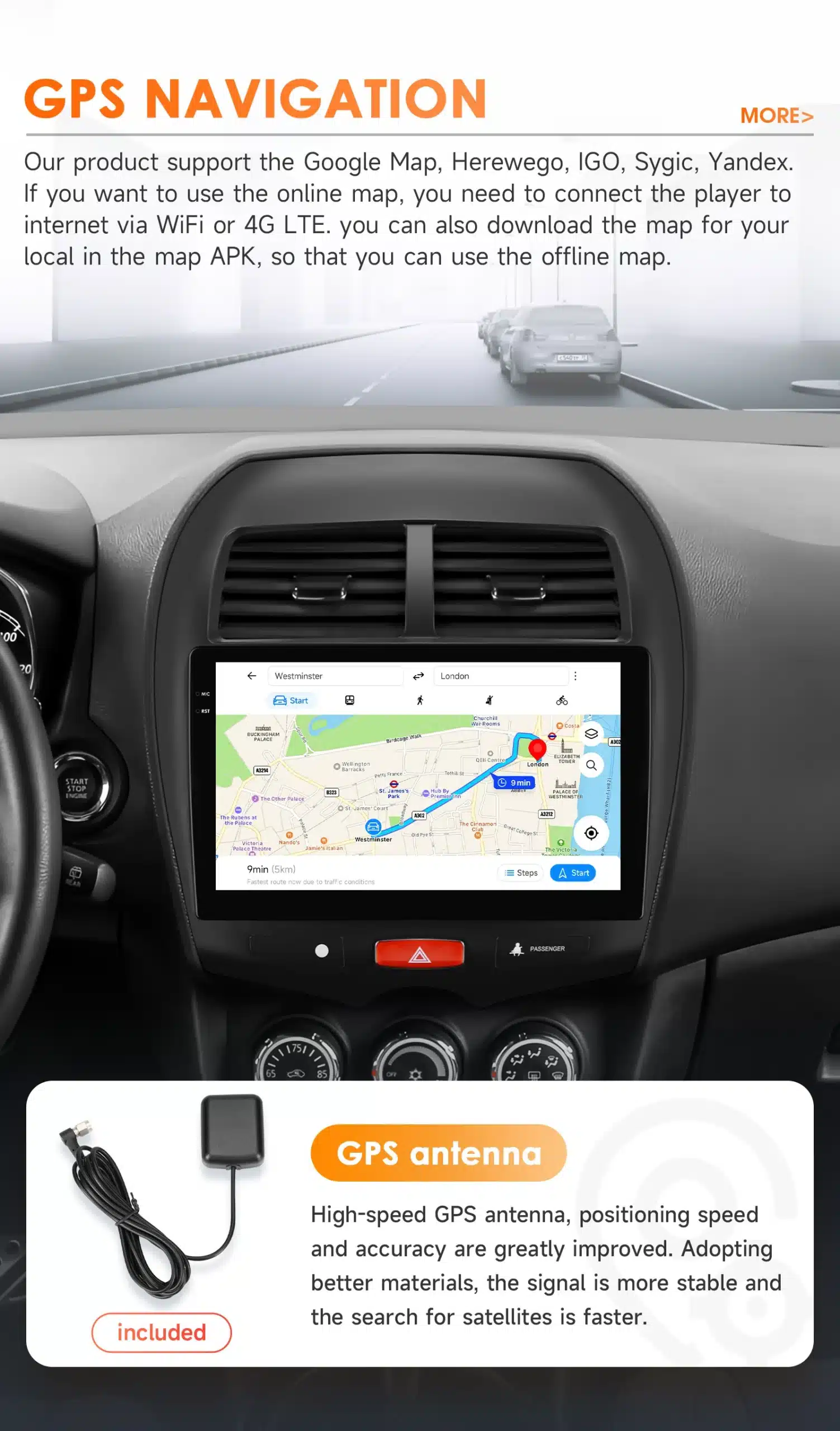 Android autoraadio Mitsubishi ASX jaoks kuvatuna auto armatuurlaual, ekraanil Google Maps kaart. Komplekt sisaldab GPS antenni. Taustal liiklusstseen.
