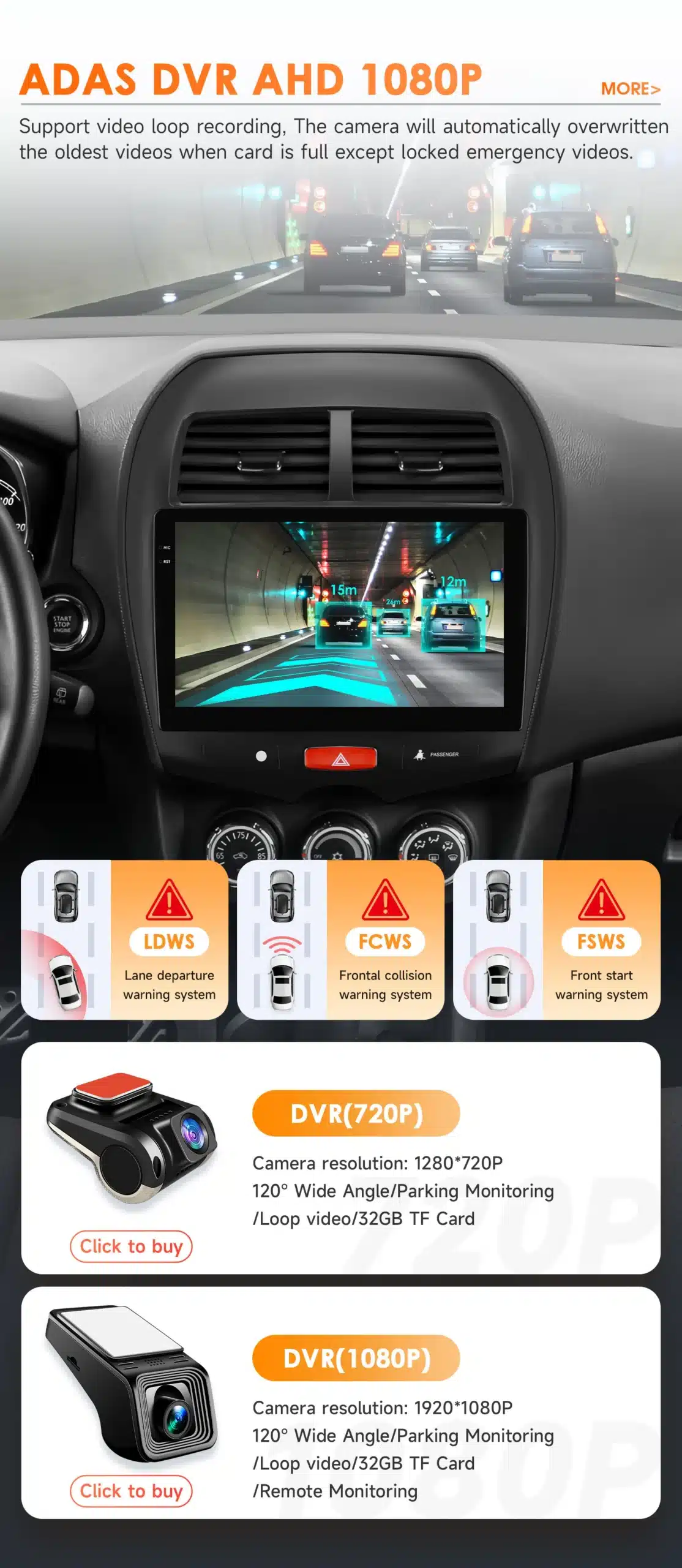Android autoraadio Mitsubishi ASX: CarPlay, GPS, 4G, 2DIN. Autoraadio ekraan kuvab sõidurea hoiatusfunktsioone ja toetab DVR salvestamist. Esipaneelil nähtavad süsteemi omadused ja kaamerad.