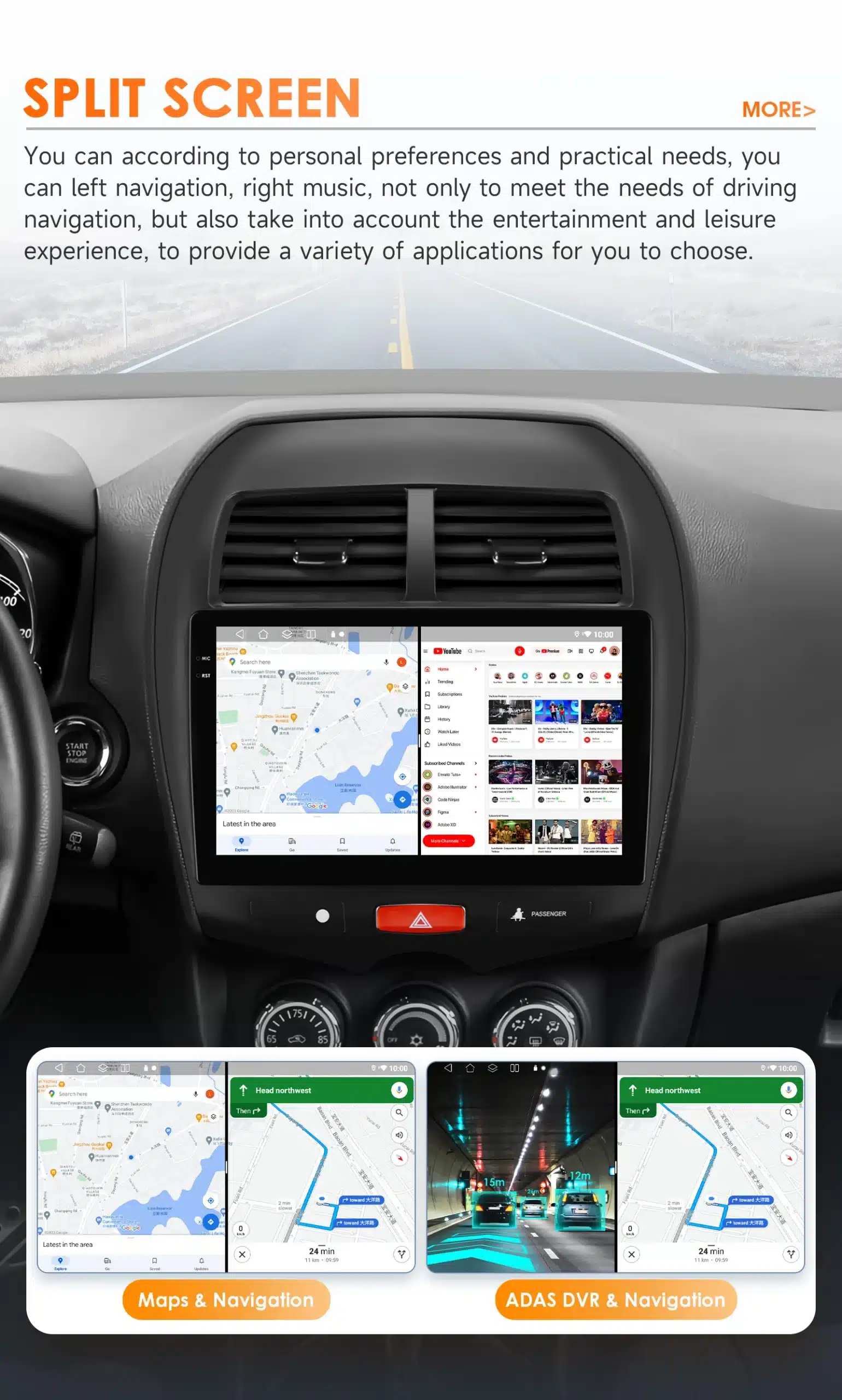 Pildil on Android autoraadio Mitsubishi ASX: CarPlay, GPS, 4G, 2DIN, mis kuvatakse auto armatuurlaual. Ekraan jaguneb kaheks, näidates vasakul kaardi ja paremal Youtube'i rakendust. Ümbruses on näha auto juhtpaneel ja armatuurlaud, mis loovad stiilse ja modernse interjööri.