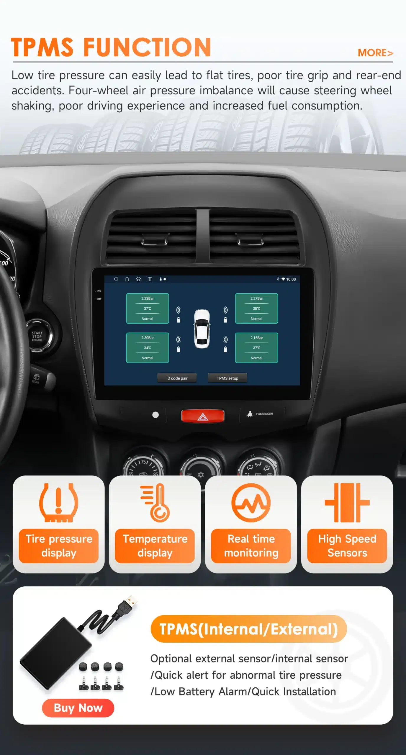 Android autoraadio Mitsubishi ASX-i jaoks koos TPMS funktsiooniga, ekraan kuvab reaalajas rehvirõhu, temperatuurinäidikud ja ühendatud sensorid, hele juhtpaneel ning tume auto ja kummid taustal.