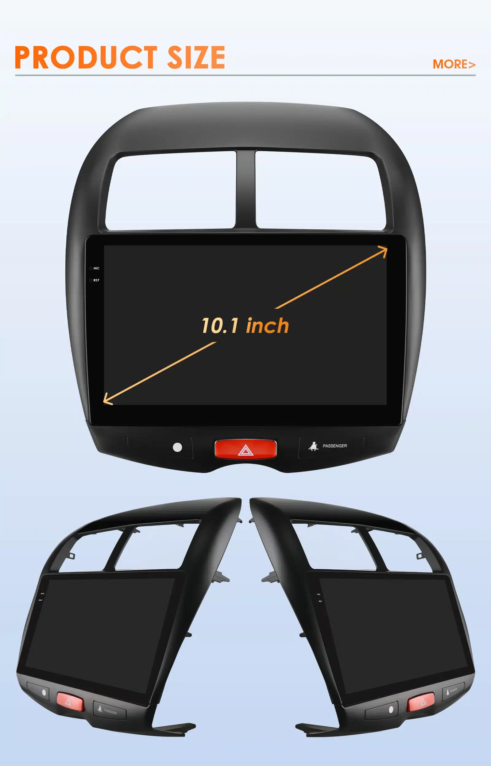 Android autoraadio Mitsubishi ASX koos 10.1-tollise ekraaniga, mis on asetatud musta esipaneeli raamiga. Taust on hele sinakas, rõhutades selgeid kujundusjooni ja kaasaegset tehnoloogiat nagu CarPlay ja GPS.