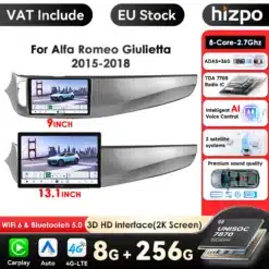 Kaks erineva suurusega Android Auto CarPlay autoraadiot, mis sobivad Alfa Romeo Giulietta mudelitele. Pildil on kujutatud autoraadiod, mille ekraanidel on kaasaegsed funktsioonid ja kõrge resolutsiooniga ekraanid. Taustal on linnavaade, mis rõhutab seadmete funktsionaalsust ja stiili.