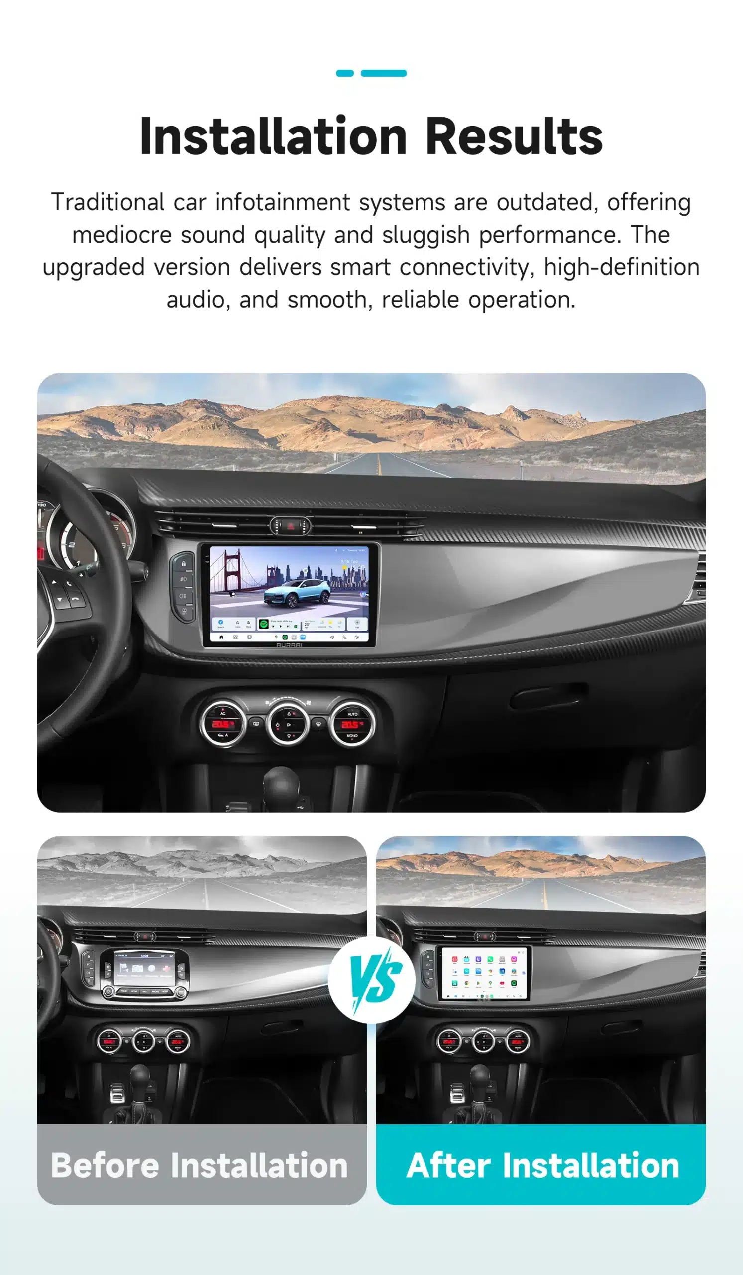 Alfa Romeo Giulietta armatuurlaud koos äsja paigaldatud Android Auto CarPlay autoraadioga. Ekraanil kuvatakse nutikas kasutajaliides, millel on elavad pildid ja kaasaegsed rakendused.