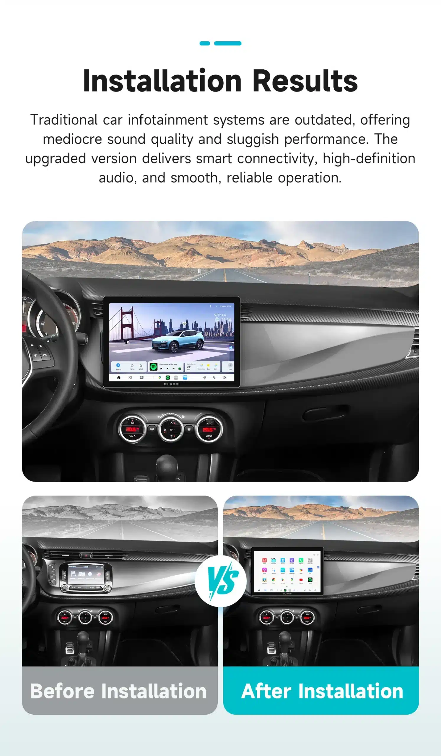 Alfa Romeo Giulietta armatuurlaud uuendatud Android Auto CarPlay autoraadioga. Raadio ekraanil kuvatakse liiklusrakendused ja meediavalikud, ümbritsetud stiilse auto sisemuse ja taustal mägise maastikuga.