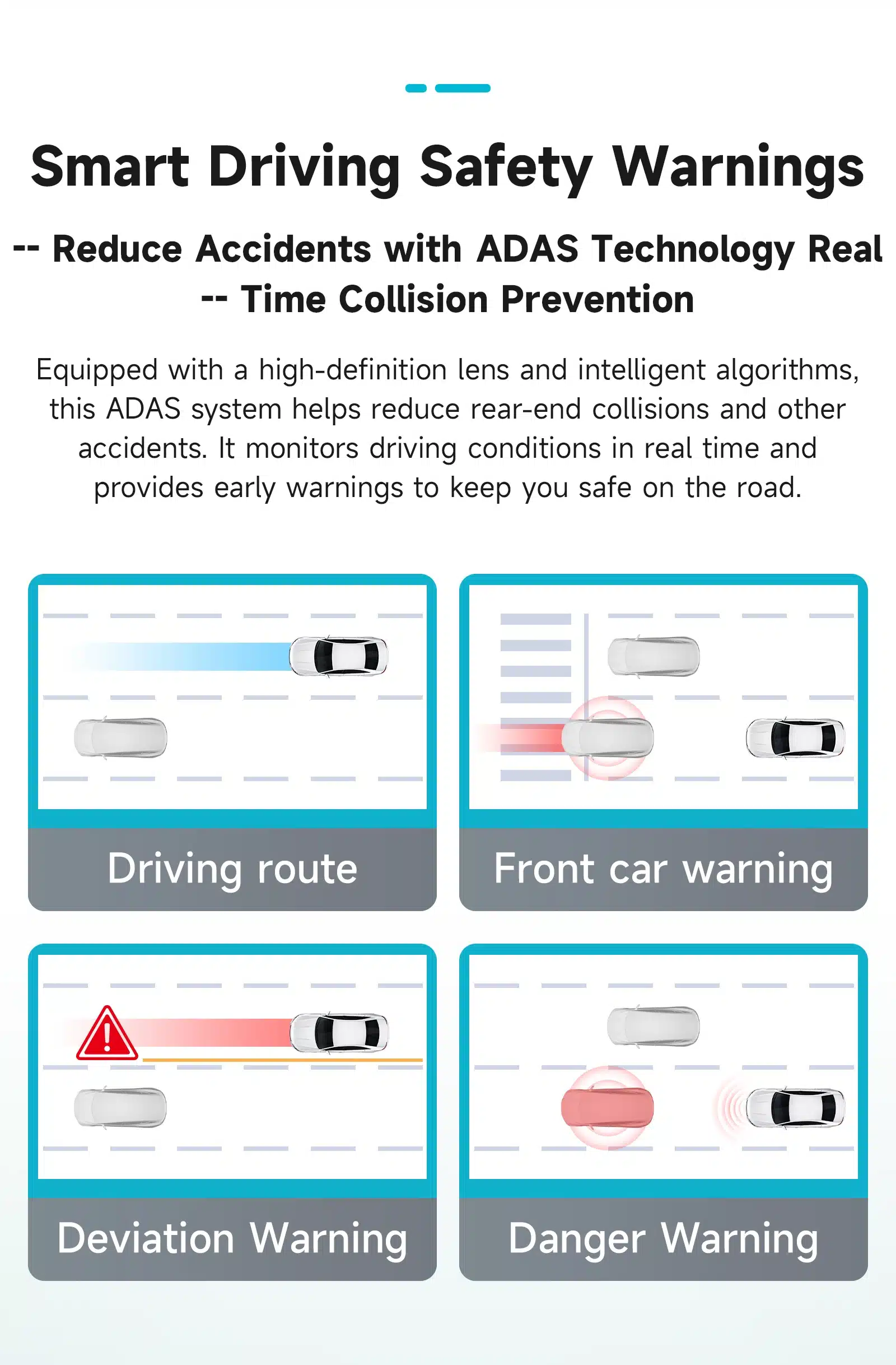 ADAS süsteemi graafiline kuva, mis illustreerib juhendi ohutussõnumeid ning esitletakse sõidumarsruudi, eesoleva auto hoiatusi, kõrvalekalde ja ohuhoiatusi. Taustal on nähtavad stiliseeritud autod ja sõidurajad.