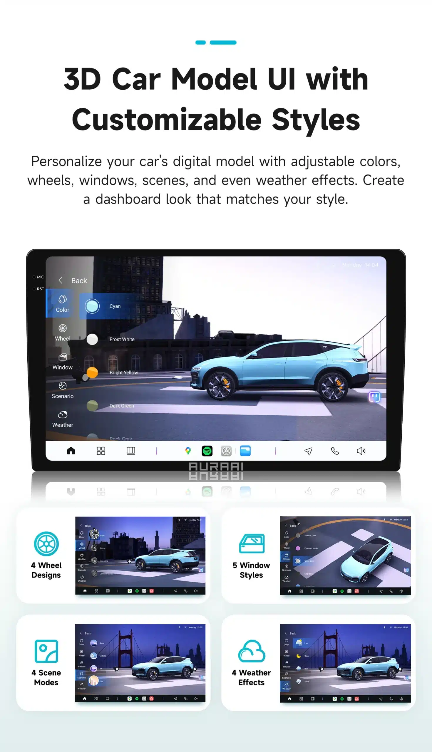 Kuva Android autoraadio Ford Transit Connect CarPlay GPS 2K QLED ekraanist, kus on 3D auto mudel. Ekraanil on nähtavad kohandatavad värvid, rattad, aknad ja ilmastikumõjud, mis võimaldavad kasutajatel luua isikupärastatud armatuurlaua ilme.