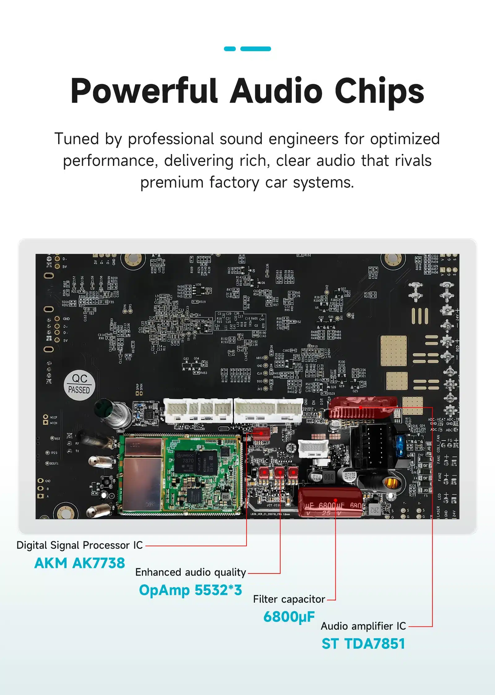 Musta värvi elektroonika trükkplaat, millel on erinevad komponenteerid ja sildid, seotud toodetega nagu Android autoraadio Ford Transit Connect CarPlay GPS 2K QLED.