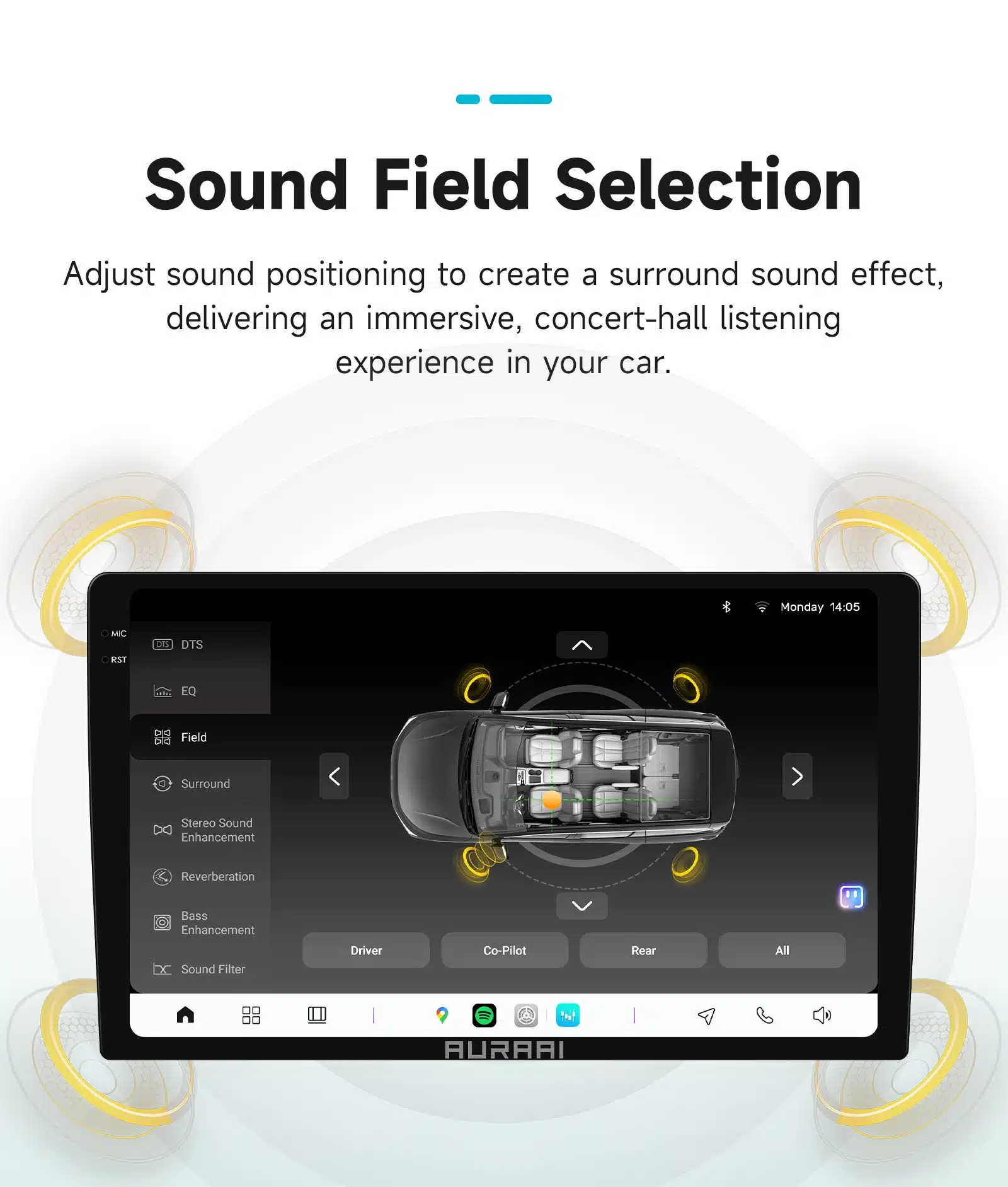 Android autoraadio Ford Transit Connect CarPlay GPS 2K QLED kuva, mille ekraanil on heli positsioneerimise seaded, koos surround-sound efekti loomiseks.