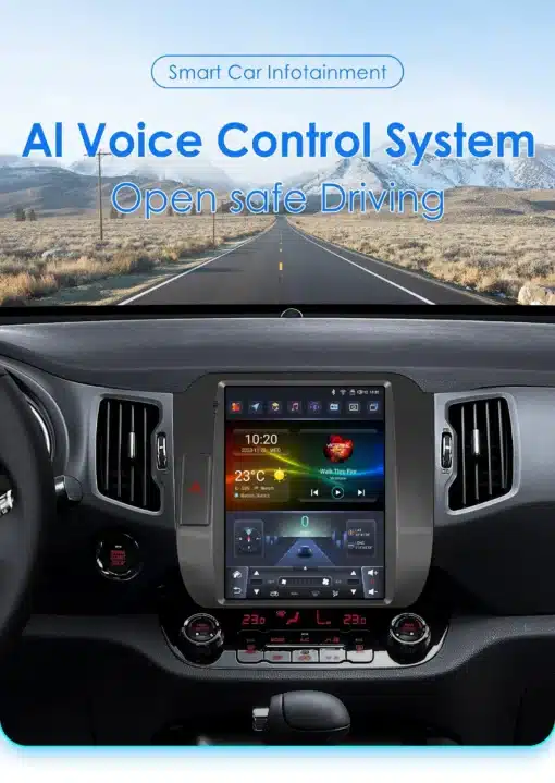 Android autostereo GPS KIA Sportage 3 (2010-2016) armatuurlaual, mis näitab suurt puutetundlikku ekraani koos erinevate rakenduste ikoonide ja kiirtee vaatekuvaga. Tume armatuurlaud ja mägine teema tapeet taustal.