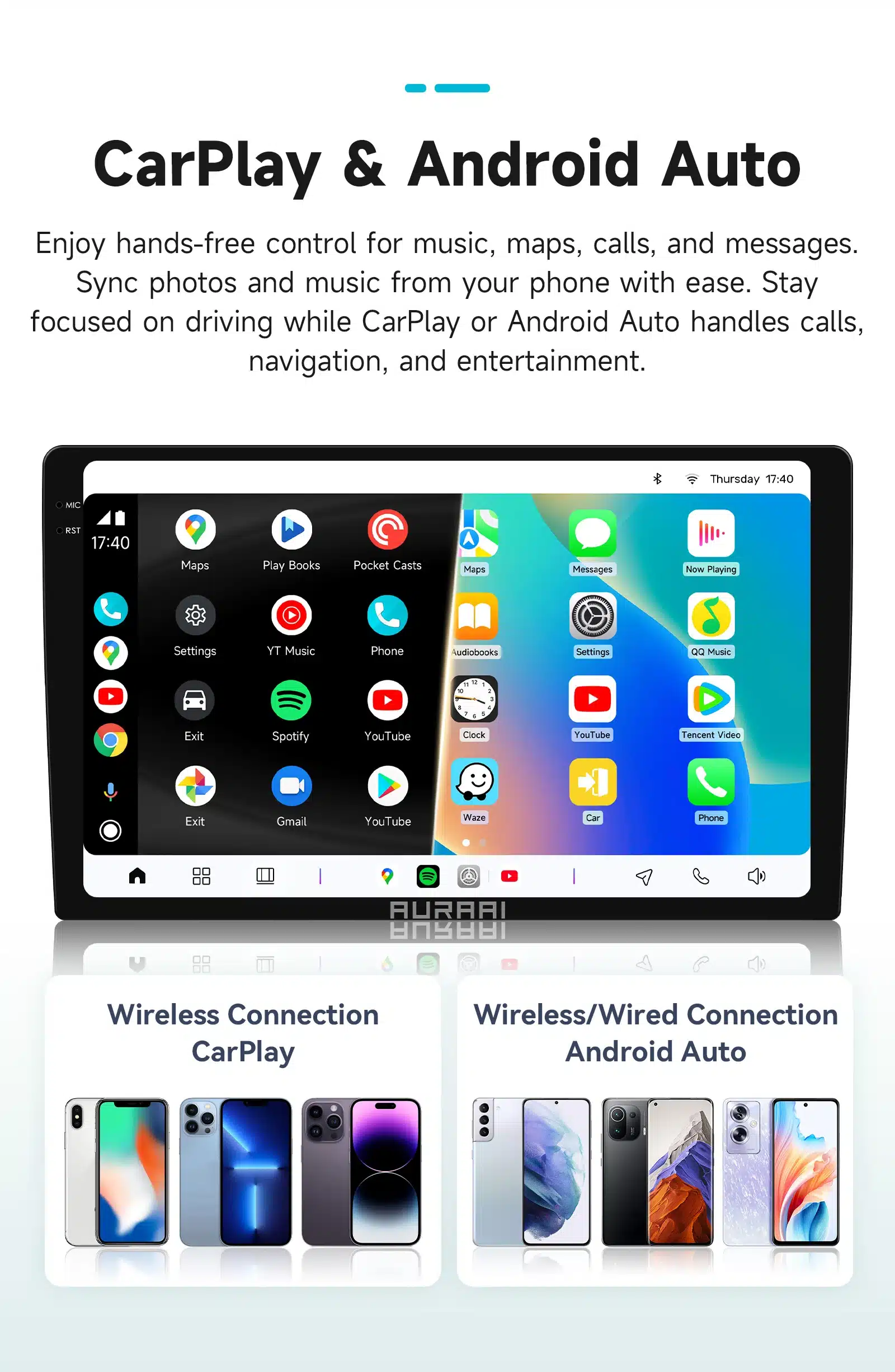 Android autoraadio Ford Transit Connect CarPlay GPS 2K QLED ekraan, millel on mitmeid rakendusi ja juhtmevaba ühenduse valikud. Ekraan on klanitud ja kaasaegne, valgel taustal esile tõstetud ikoonidega.