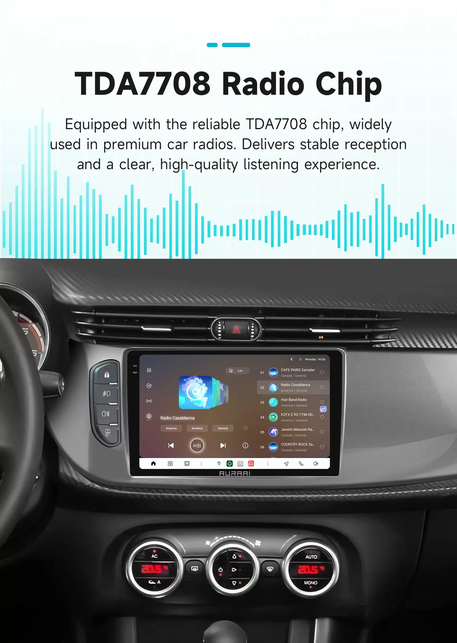 Android Auto CarPlay autoraadio Alfa Romeo Giulietta-le, sisseehitatud ekraan auto armatuurlaudadel, raadiokanali ekraan koos TDA7708 kiibi detailsustega, sinised helilained disainitaustal.