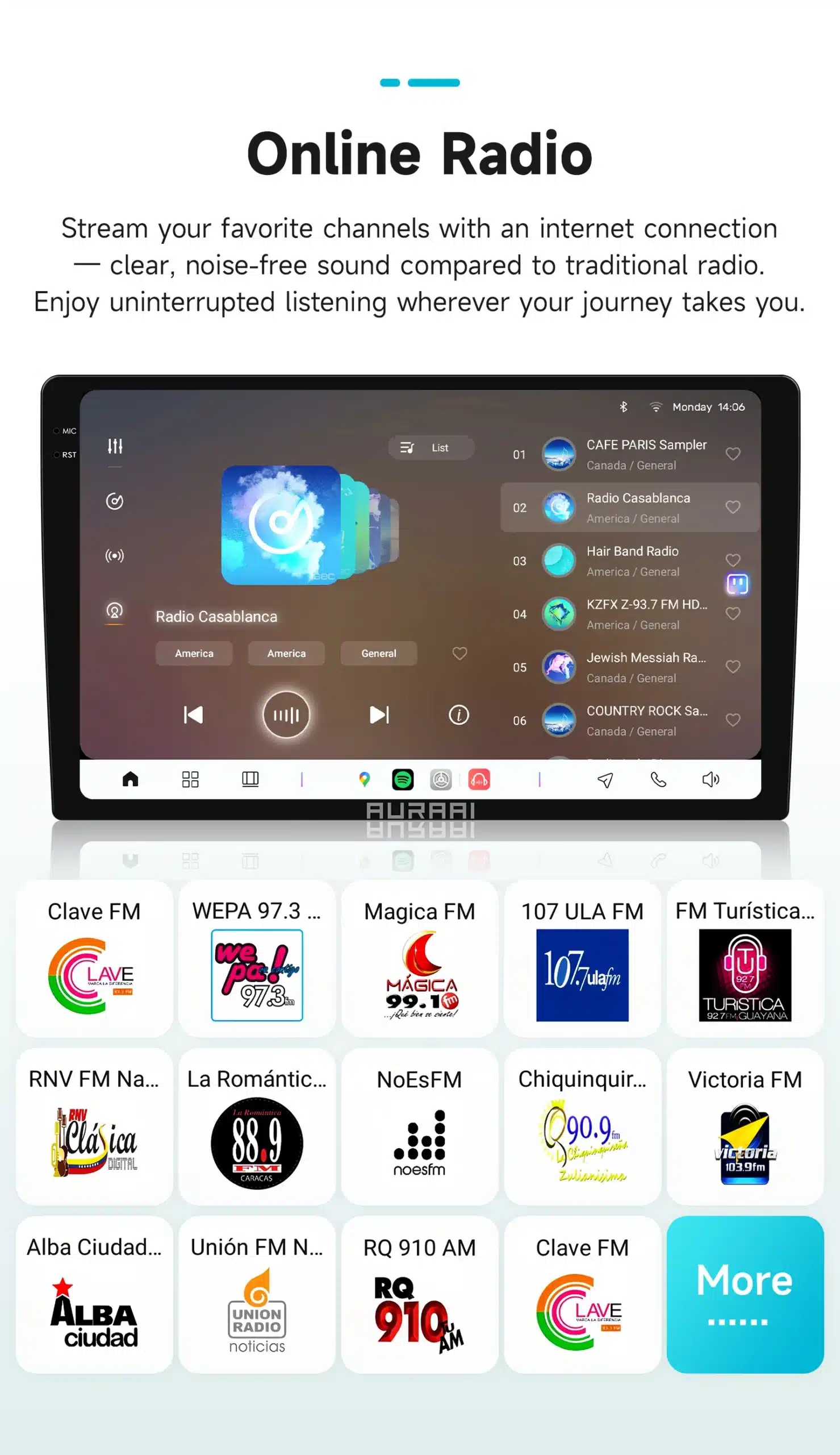 Ekraan, kus Android autoraadio Ford Transit Connect CarPlay GPS 2K QLED kuvab erinevaid raadiojaamu koos voogesituse valikuga, puhas ja selge kasutajaliides ning digitaalne media taust.