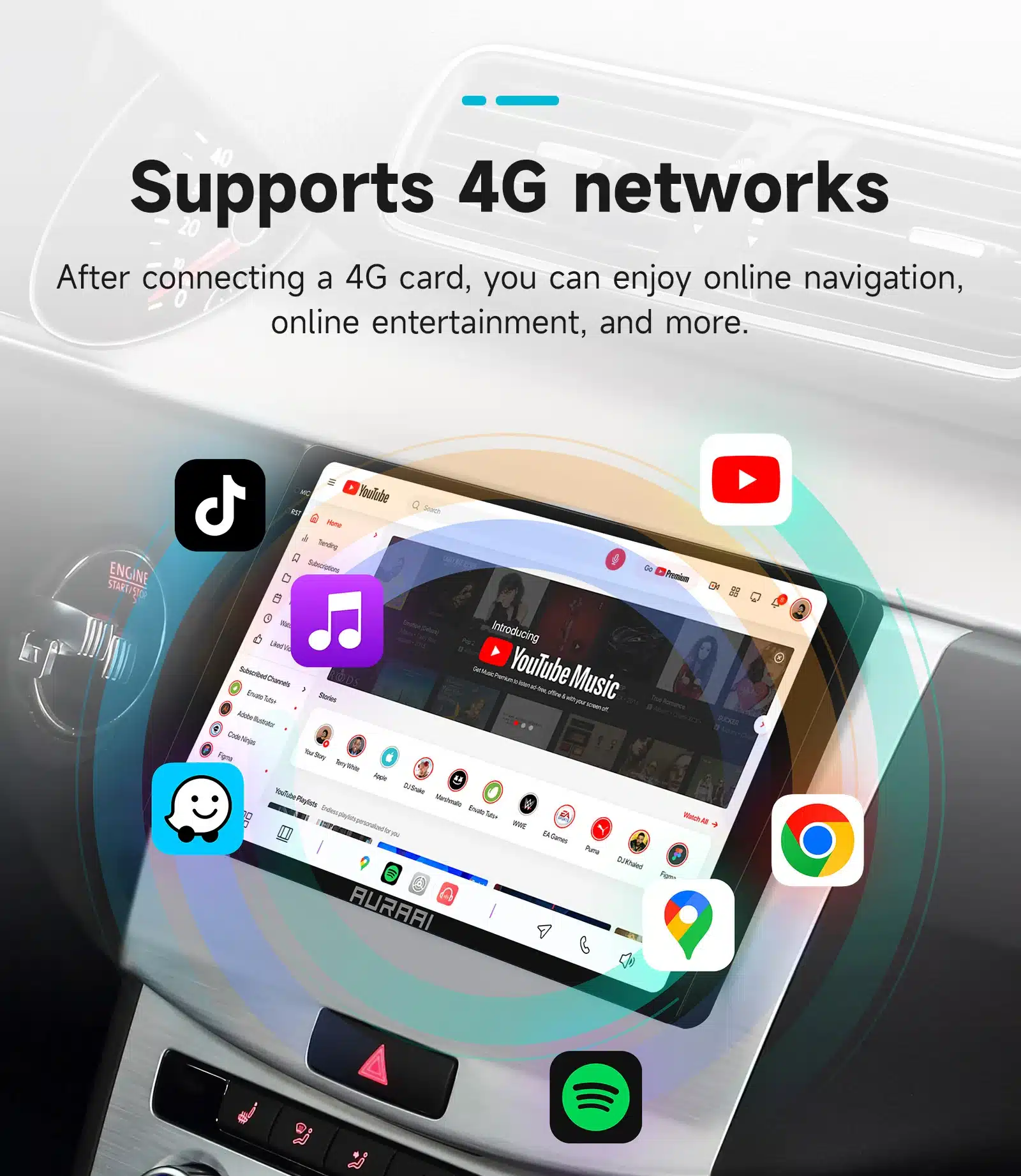 Android autoraadio Ford Transit Connect CarPlay GPS 2K QLED kuvab 4G võrgu tuge. Süsteemiekraanil on nähtavad erinevad rakendused nagu YouTube ja Spotify, ümbritsetud auto musta armatuurlaua ja nuppudega.