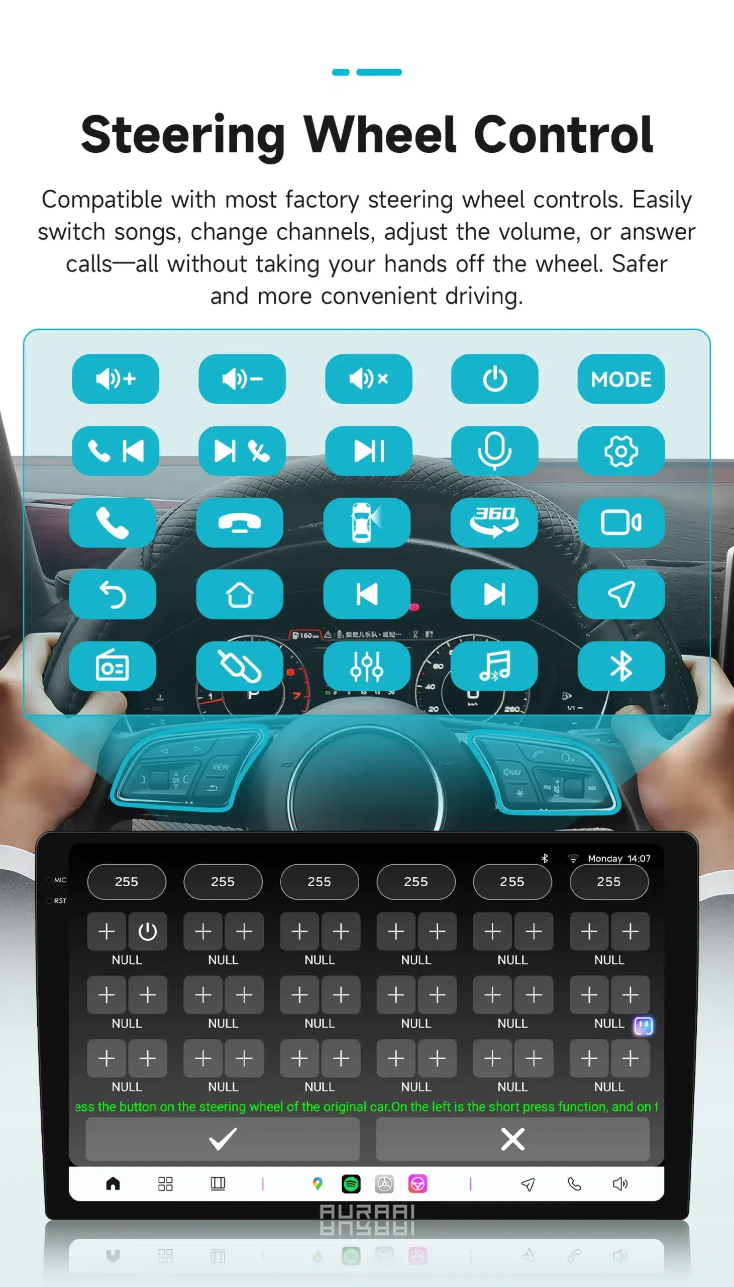 Käed roolil auto interjööris ja ekraan auto juhtimise ikoonidega, illustreerides Android autoraadio Ford Transit Connect CarPlay GPS 2K QLED juhtimissüsteemi.