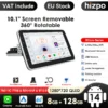 1-DIN Android autoraadio 10.1-tollise eemaldatava ja pööratava ekraaniga, millel on CarPlay, GPS ning toetab 2.4Ghz/5Ghz WiFi ja Bluetooth võrguühendust. Seade asub valgel taustal, näidates selle kasutajaliidest ja tehnilisi omadusi, sealhulgas 8-tuumalist protsessorit ja 1280x720 QLED ekraani.