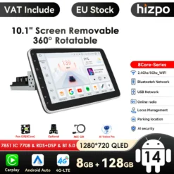1-DIN Android autoraadio 10.1-tollise eemaldatava ja pööratava ekraaniga, millel on CarPlay, GPS ning toetab 2.4Ghz/5Ghz WiFi ja Bluetooth võrguühendust. Seade asub valgel taustal, näidates selle kasutajaliidest ja tehnilisi omadusi, sealhulgas 8-tuumalist protsessorit ja 1280x720 QLED ekraani.
