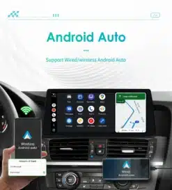 Android auto multimeedia CarPlay GPS BMW X3/X4 ekraan koos navigatsioonirakendusega ja ikoonidega. Nähtav ka rool ja mobiiltelefon juhtmeta ühenduvusega.