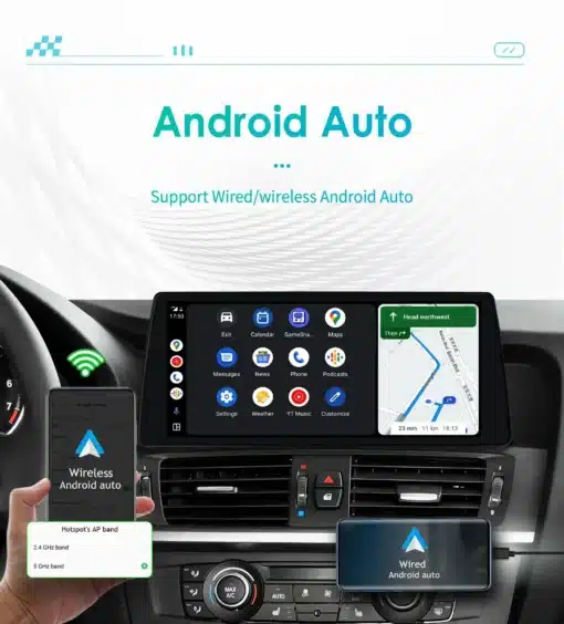 Android auto multimeedia CarPlay GPS BMW X3/X4 | E-pood Tootemaailm Android auto multimeedia CarPlay GPS BMW X3/X4 ekraaniga, kus kuvatakse mitmeid rakendusi ja olemasolevat navigatsioonikaarti. Eesosas on ka vaade telefonist, mis on ühendatud autosse juhtmevabalt.