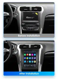 Autoraadio CarPlay Android Ford Fusion / Mondeo 2013-2019 enne ja pärast paigaldust. Ülemisel pildil on originaalne juhtekraan hallil armatuurlaual, alumisel pildil on uus värvikas puutetundlik ekraan, mis kuvab erinevaid rakendusi mustal taustal.