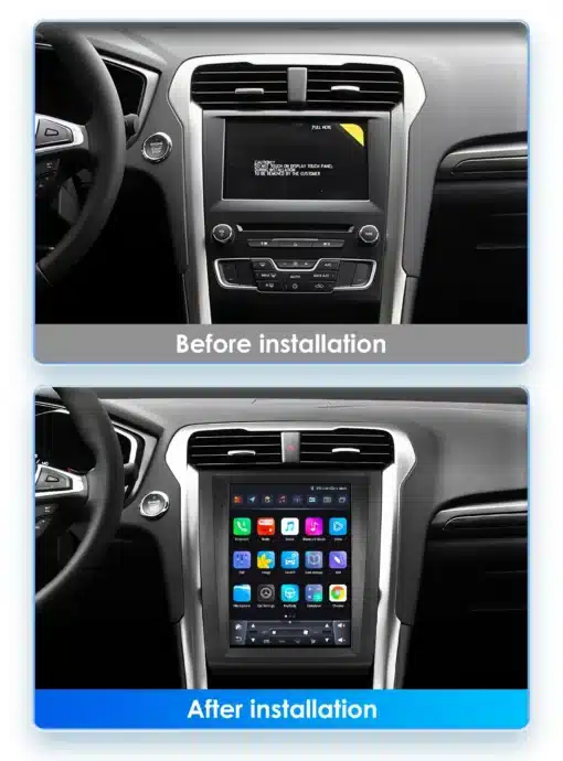 Pilt Ford Fusion / Mondeo 2013-2019 armatuurlauast enne ja pärast Autoraadio CarPlay Android paigaldust, mis näitab uuendatud infotainment ekraani ja kaasaegset kasutajaliidest.
