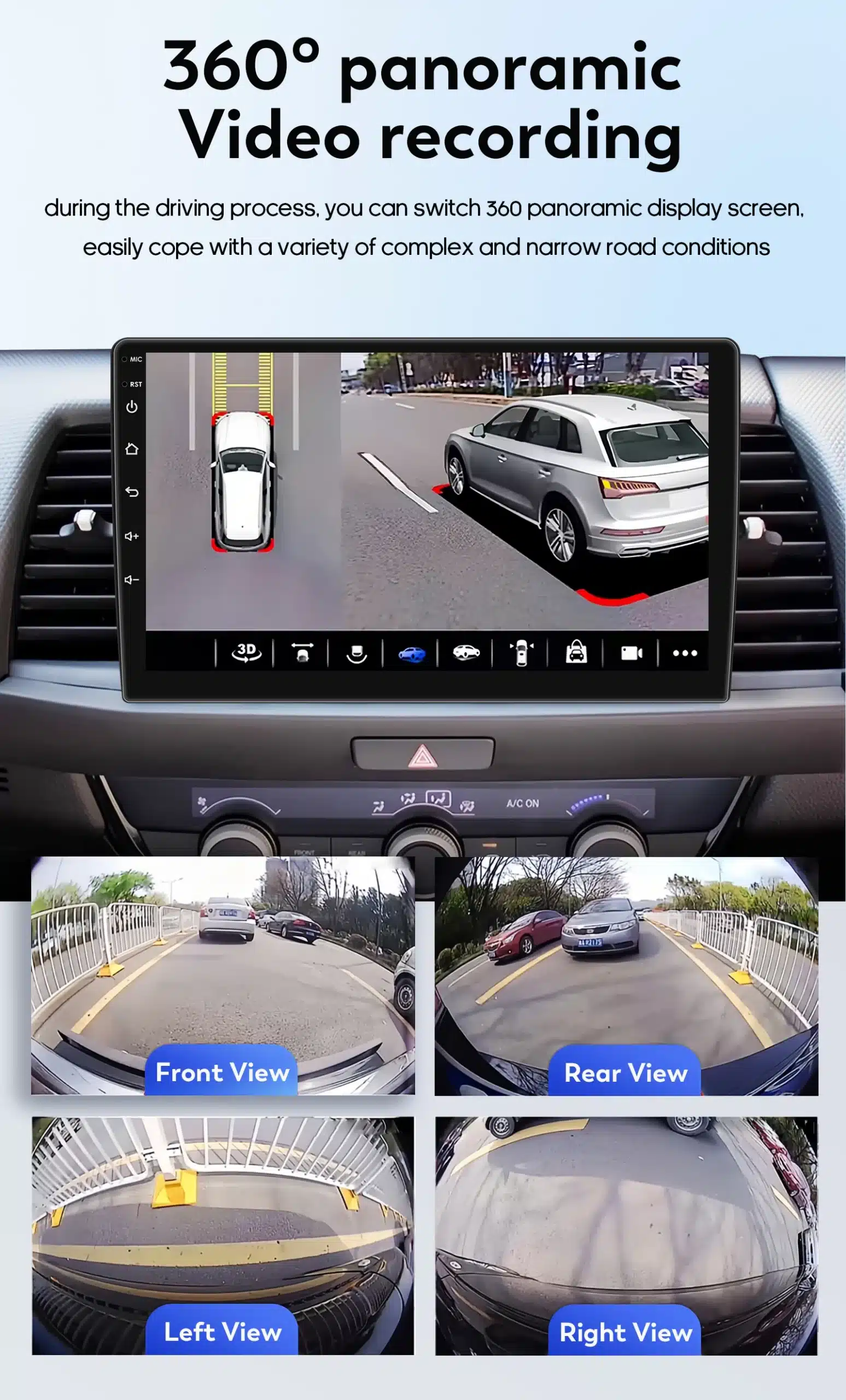 Multimeedia mängija 1 Din 360° pööratav ekraan, GPS ja WiFi, kuvatuna autos, kuvab erinevaid vaateid esiklaasil ja monitoril. Armatuurlaua ekraan näitab erinevaid panoraamvaate režiime, aidates juhil navigeerida ja parkida kitsastes kohtades.