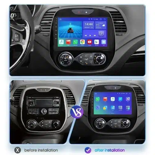 Multimeedia autoraadio CarPlay GPS Renault Captur 2016-2019 | E-pood Tootemaailm Paigaldatud multimeedia autoraadio CarPlay GPS Renault Captur 2016-2019 armatuurlaual koos infoekraani ja nupudega, näidates enne ja pärast paigaldust.