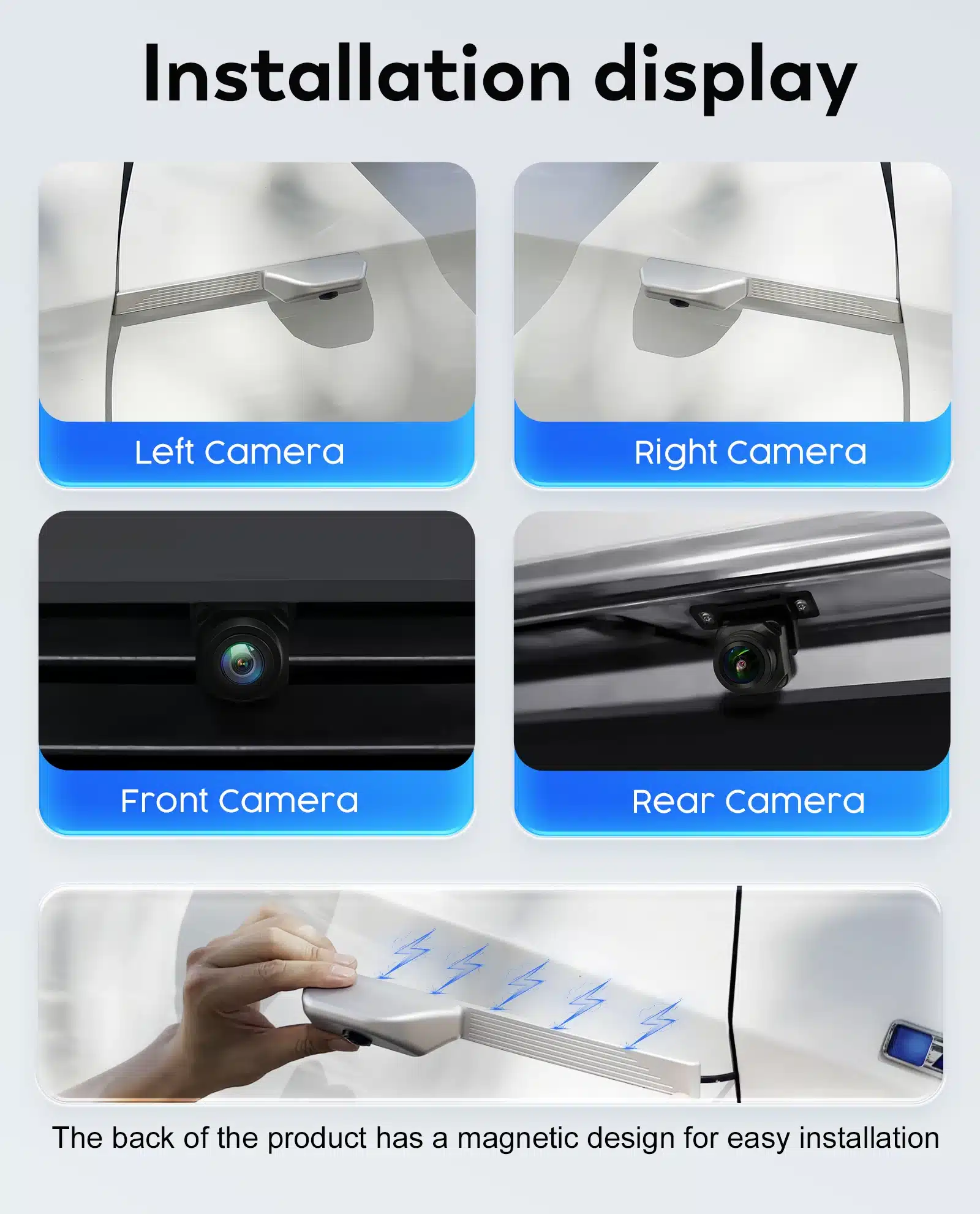 Neli kaamerat: vasak, parem, eesmine ja tagumine, mis on paigaldatud sõidukile. Multiimeedia mängija 1 Din 360° pööratav ekraan, GPS, WiFi muudavad auto juhtimise turvalisemaks ja mugavamaks. Taustal sõiduki pind ja magnetiline kinnitusdetail käsitlemisel.