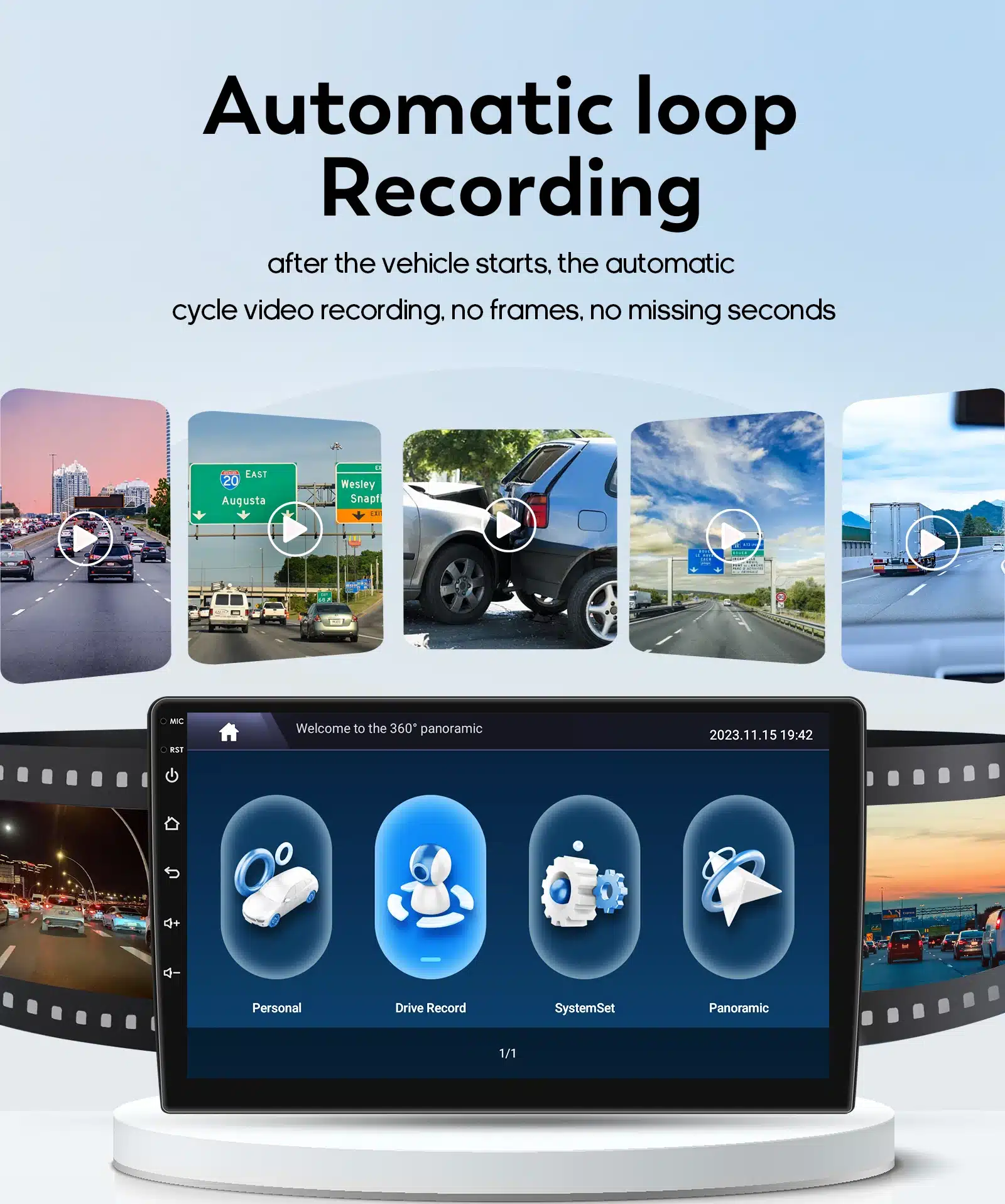 Multimeedia mängija 1 Din 360° pööratav ekraan näitab automaatse tsüklilise videosalvestuse funktsioone, koos erinevate auto- ja maanteevaadetega kaadrites, illustreerides GPS ja Wi-Fi võimekust.