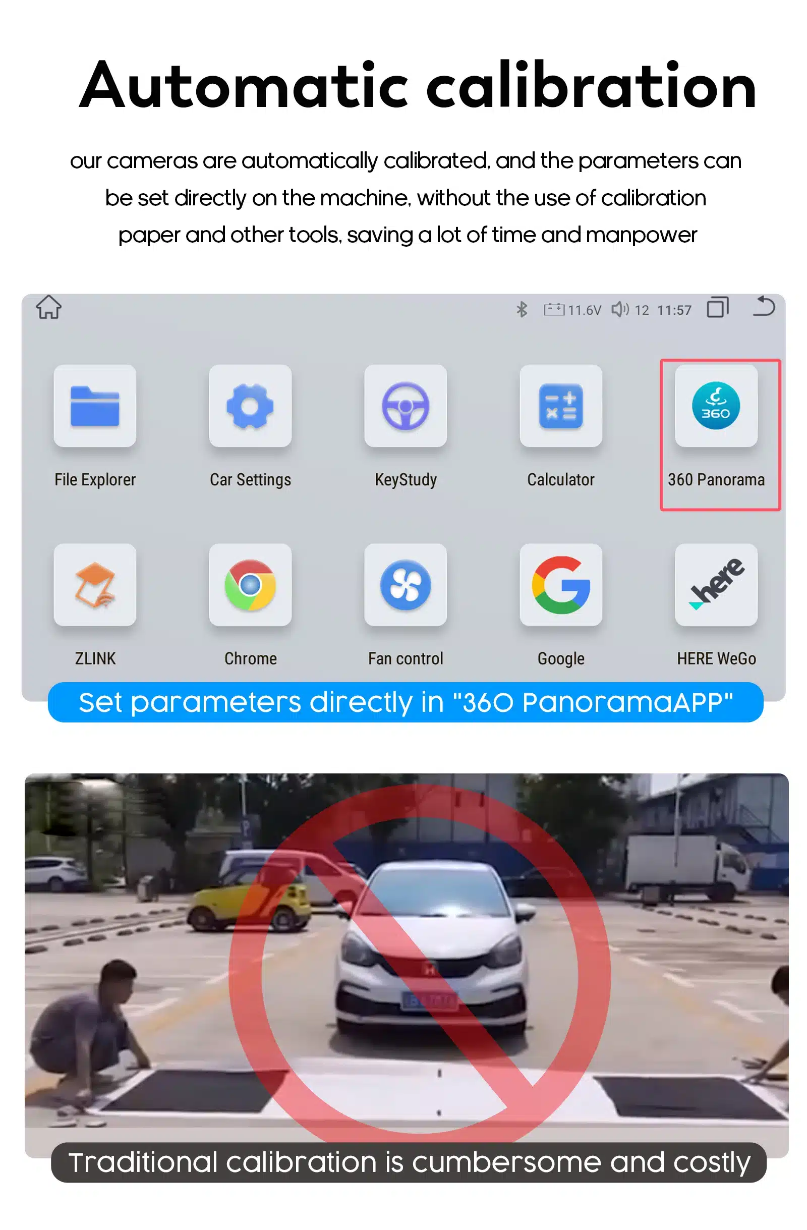 Multimeedia mängija 1 Din 360° pööratav ekraan koos ekraanil kuvatava 360 Panorama rakenduse ikooniga, lisaks pildil selgitus automaatikale ja keerulise kalibreerimise kohta.