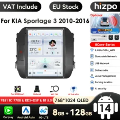 Android autostereo GPS KIA Sportage 3 (2010-2016) koos suure ekraaniga, kuvades muusikarakendust ja ilmaennustust, musta esipaneeliga. Ümberringi on näidatud täiendavad funktsioonid nagu Bluetooth, USB tugi ja 360° kaamera.