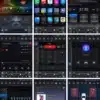 Dodge RAM CarPlay multimeediakeskuse kasutajaliidese ekraanid mitme funktsiooniga, sealhulgas rakendused, muusika, helinõustaja ja navigatsioon. Värvilised ikoonid ja selge häälestus digitaalsel mustal taustal.
