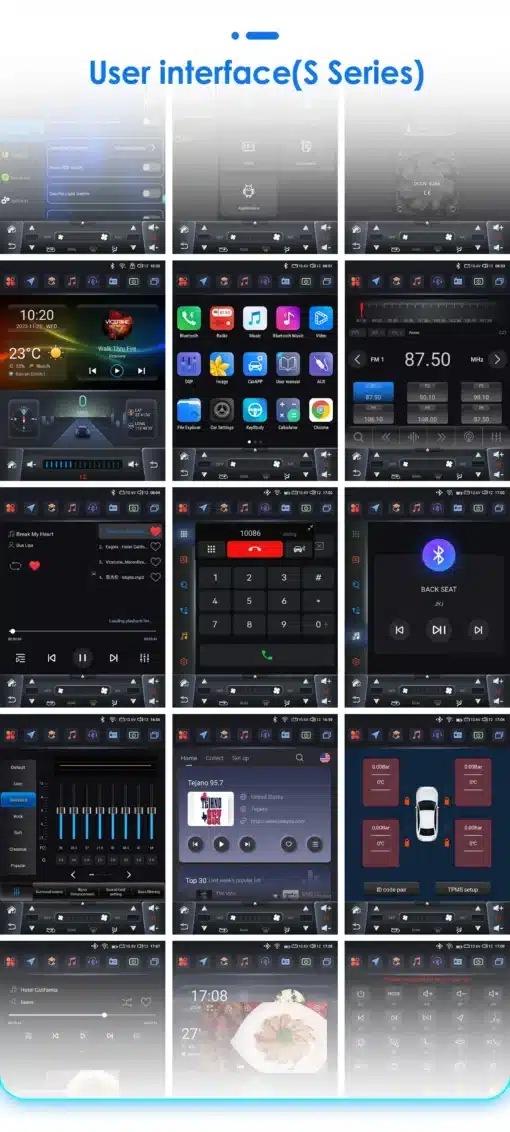 Dodge RAM CarPlay multimeediakeskuse kasutajaliidese ekraanid mitme funktsiooniga, sealhulgas rakendused, muusika, helinõustaja ja navigatsioon. Värvilised ikoonid ja selge häälestus digitaalsel mustal taustal.
