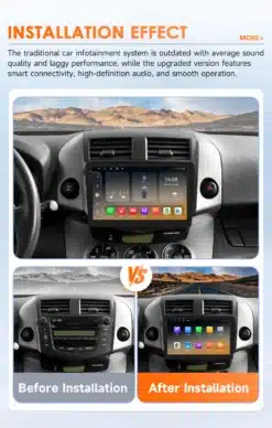 Android automakk Toyota RAV4 multimeedia paigaldamise mõju. Ülemine pilt näitab paigaldatud, kaasaegse ekraaniga ja liidese funktsioone, samas kui alumises osas näidatakse võrdlust enne ja pärast paigaldamist, esitledes vana ja uue süsteemi erinevusi. Taustal on mägine maastik.
