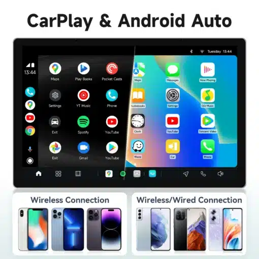 Multimeedia automakid Citroen C3/C4-le ekraanil kuvatavad CarPlay ja Android Auto ikoonid ning mobiiltelefonide ühendusvõimalused juhtmevaba ja juhtmega seadistuses.