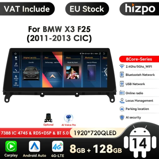 Android auto multimeedia CarPlay GPS BMW X3/X4 | E-pood Tootemaailm Android auto multimeedia CarPlay GPS seade paigaldatud BMW X3/X4 armatuurlauale, näidates suure eraldusvõimega QLED ekraani, kus kuvatakse mitmeid funktsioone nagu navigatsioon ja muusika juhtimine.