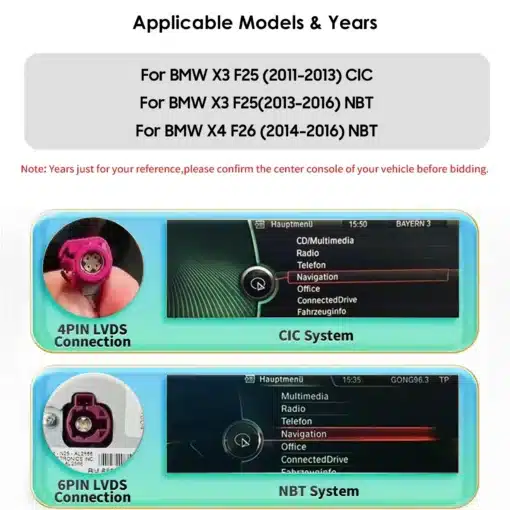 Android auto multimeedia CarPlay GPS BMW X3/X4 | E-pood Tootemaailm Kaks pildiraami kuvavad Android auto multimeedia CarPlay GPS süsteemi ühendusi BMW X3/X4 mudelitele. Ülemisel pildil on 4PIN LVDS ühendus CIC süsteemiga, alumisel 6PIN LVDS ühendus NBT süsteemiga. Taust on helesinine, lisatud on ekraani menüüvalikud navigatsiooni ja meedia kasutamiseks.