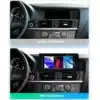 Android auto multimeedia CarPlay GPS BMW X3/X4 | E-pood Tootemaailm BMW X3/X4 armatuurlaua võrdlus, kus ülemisel pildil on tavaline autoradio ja alumisel Android auto multimeedia CarPlay GPS seade paigaldatud, ekraanil värvikad ikoonid ja modernne disain.