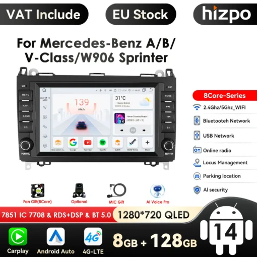 Autoraadio Android CarPlay Mercedes-Benz | E-pood Tootemaailm Autoraadio Android CarPlay Mercedes-Benz koos 1280x720 QLED ekraaniga ja mitmete funktsioonide ikoonidega, nagu Bluetooth, 4G LTE ja AI hääljuhtimine. Seade on paigaldatud musta värvi armatuurlaua sisse. Taustal on näha sinine ja must auto hallil teel.