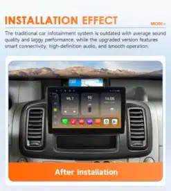 Lähivõte hallist auto armatuurlauast, kuhu on paigaldatud Android autoraadio Renault Trafic Opel Vivaro. Raadio ekraan näitab erinevaid rakendusi ja menüüd, mis esitavad raadio sagedust ja kellaaega. Taustal paistavad mäed.